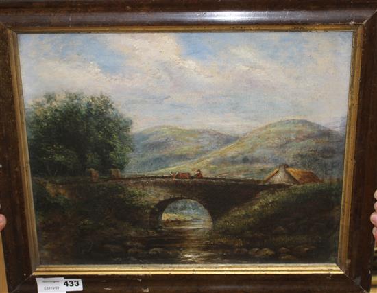 19th century English School, oil on canvas, Cattle drover on a bridge, 34 x 42cm